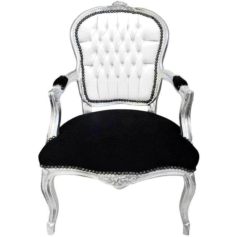 Barocksessel Louis XV. - Silberner Rahmen - nur weißes Kunstleder/schwarzer Stoff - Esszimmersessel - Wohnzimmermöbel - klassische Möbel - MACE