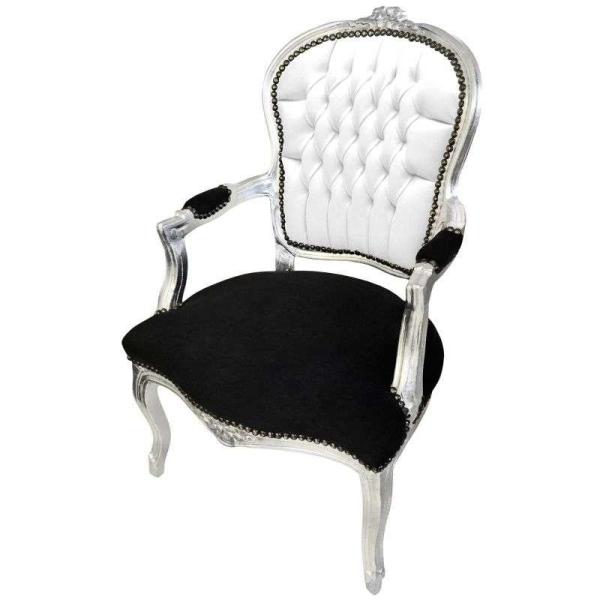 Barocksessel Louis XV. - Silberner Rahmen - nur weißes Kunstleder/schwarzer Stoff - Esszimmersessel - Wohnzimmermöbel - klassische Möbel - MACE