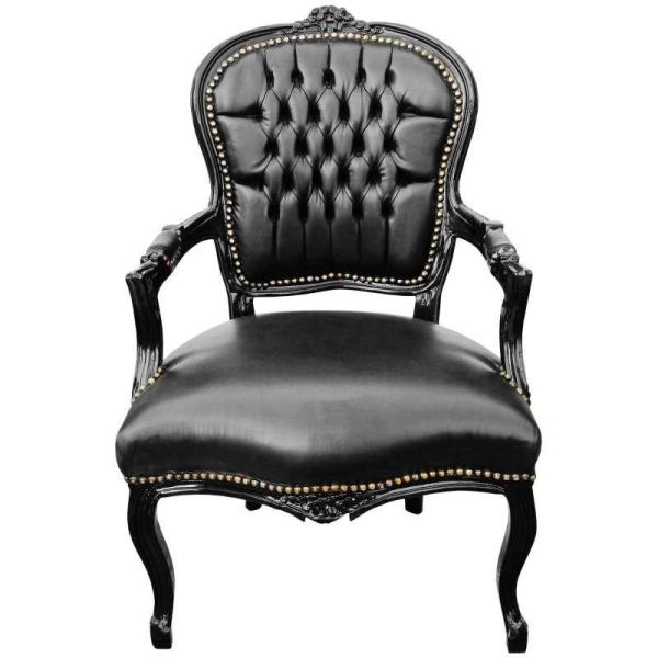 Barocksessel - Stil Louis XV - Schwarzer Rahmen - Schwarzes Kunstleder - Esssessel - Wohnzimmermöbel - klassische Möbel - MACE
