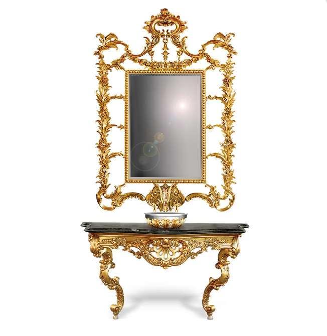 Baroque Louis XVI Sink Console - Mirror+Console+Sink - Old gold - Black marble - Classic furniture - Bathroom furniture - MACE
