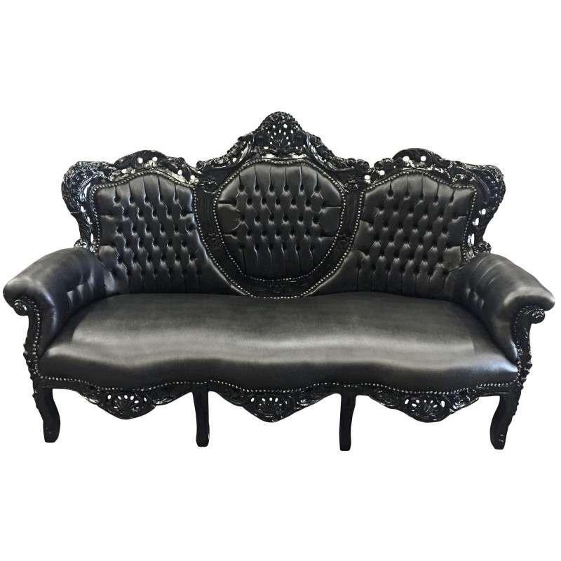 MACE Heritage - Barockes Luxussofa - Royal Schwarz/Schwarz - Klassische Möbel - Wohnzimmermöbel - Royal Schwarzer Lederstoff - Schwarz glänzender Rahmen