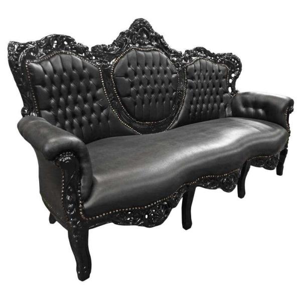MACE Heritage - Barockes Luxussofa - Royal Schwarz/Schwarz - Klassische Möbel - Wohnzimmermöbel - Royal Schwarzer Lederstoff - Schwarz glänzender Rahmen