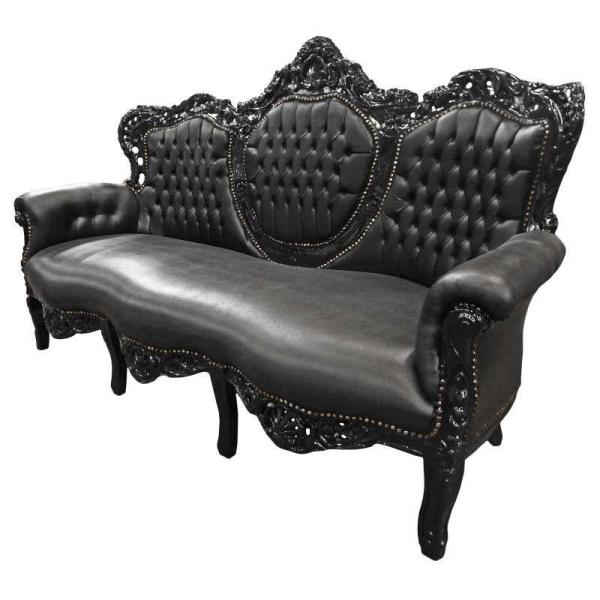 MACE Heritage - Barockes Luxussofa - Royal Schwarz/Schwarz - Klassische Möbel - Wohnzimmermöbel - Royal Schwarzer Lederstoff - Schwarz glänzender Rahmen