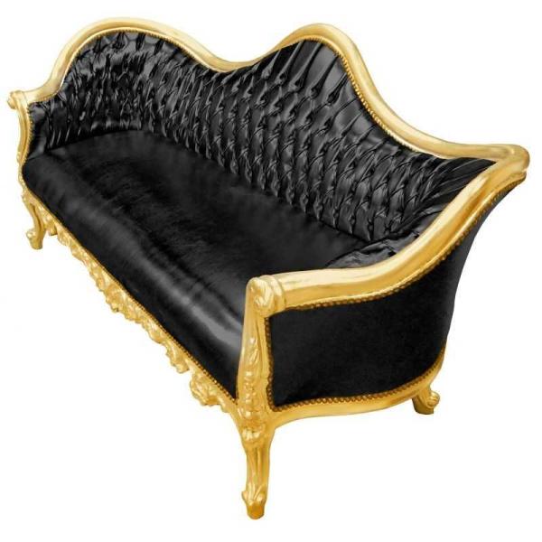 MACE Heritage - Barocker Luxus-Stil Napoleon III - Gold/Schwarz - Klassische Möbel - Wohnzimmermöbel - Schwarzes Leder - Dreisitzer - 210cm