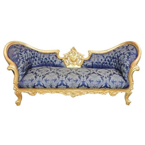 MACE Heritage - Barocker Luxusstil Napoleon III - Medaillon - Gold/Blau geblümt - Klassische Möbel - Wohnzimmermöbel - Blau geblümter Stoff - Dreisitzer - 210 cm