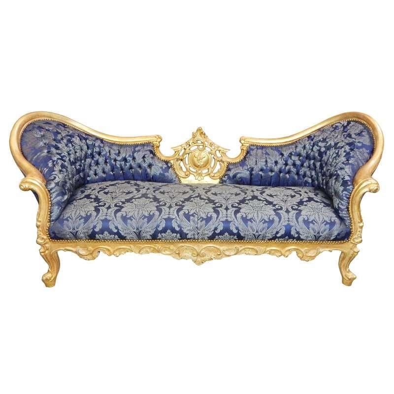 MACE Heritage - Barocker Luxusstil Napoleon III - Medaillon - Gold/Blau geblümt - Klassische Möbel - Wohnzimmermöbel - Blau geblümter Stoff - Dreisitzer - 210 cm