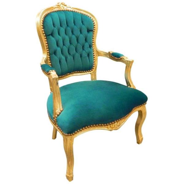 Baroque Louis XV style - Armchair - Black glossy/Green - Classic furniture - All rooms furniture - Green velvet fabric - MACE