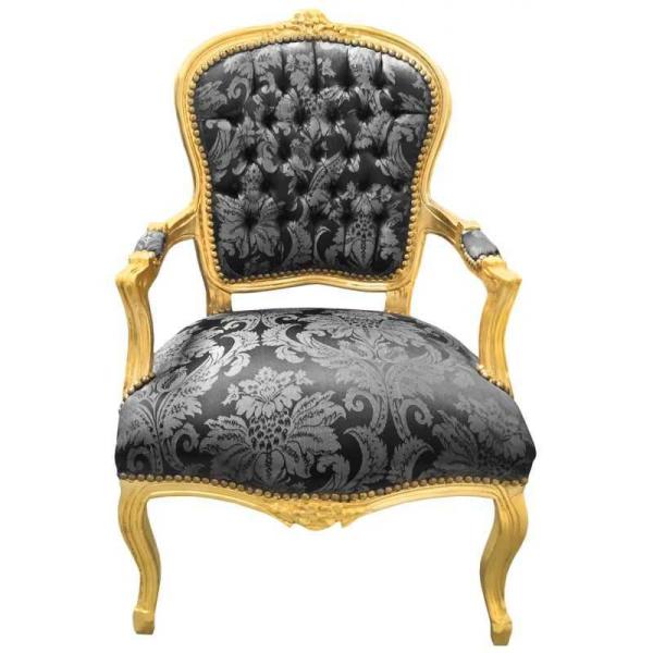 Barocker Louis XV-Stil - Sessel - Gold/Schwarz - Klassische Möbel - Möbel für alle Räume - Schwarzer blumiger Satinstoff - MACE