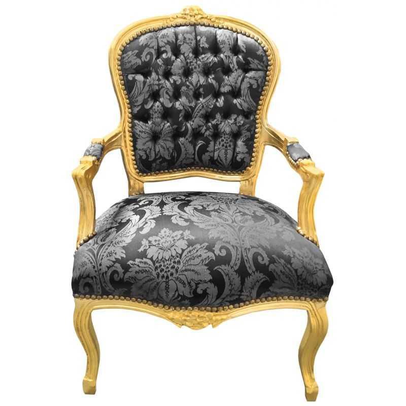 Barocker Louis XV-Stil - Sessel - Gold/Schwarz - Klassische Möbel - Möbel für alle Räume - Schwarzer blumiger Satinstoff - MACE
