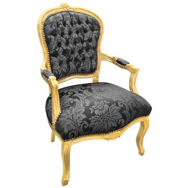 Barocker Louis XV-Stil - Sessel - Gold/Schwarz - Klassische Möbel - Möbel für alle Räume - Schwarzer blumiger Satinstoff - MACE