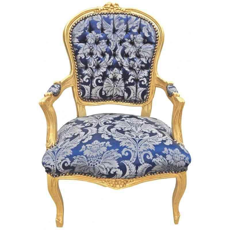 Baroque Louis XV style - Armchair - Gold/Blue - Classic furniture -all rooms furniture - Blue flowery satin fabric - MACE