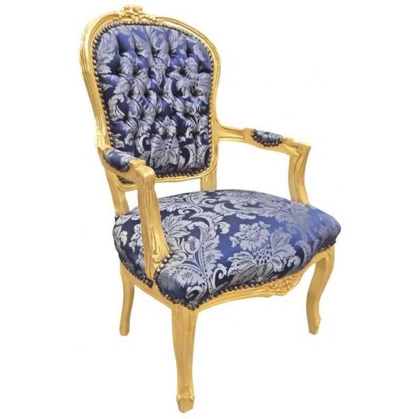 Baroque Louis XV style - Armchair - Gold/Blue - Classic furniture -all rooms furniture - Blue flowery satin fabric - MACE