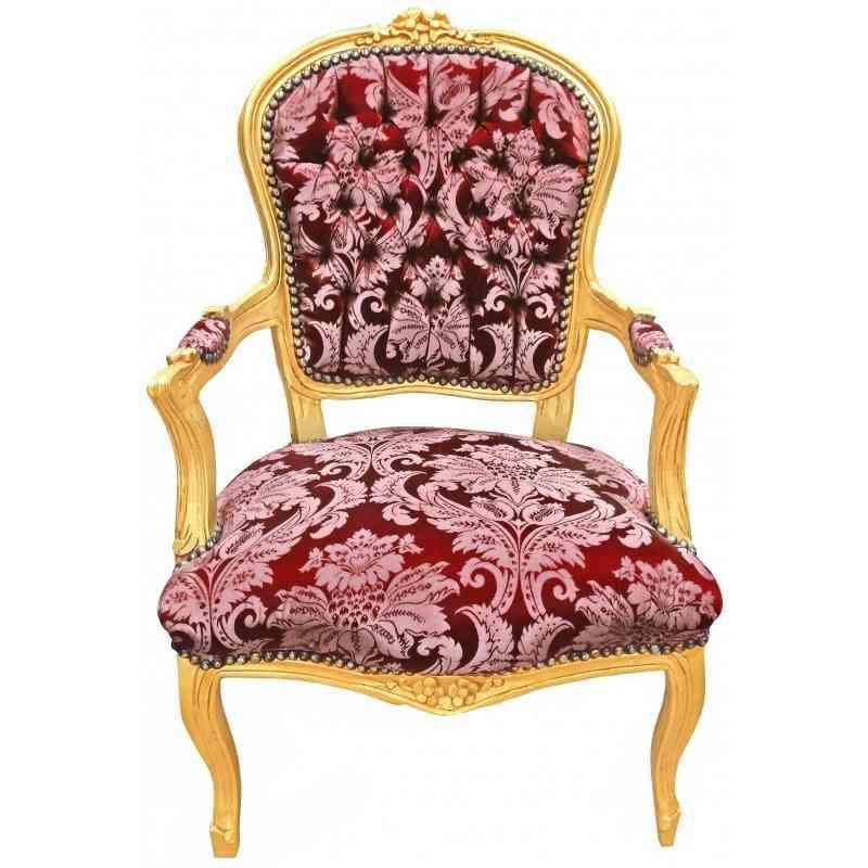 Barocker Louis XV-Stil - Sessel - Gold/Rot - Klassische Möbel - Möbel für alle Räume - Roter blumiger Satinstoff - MACE
