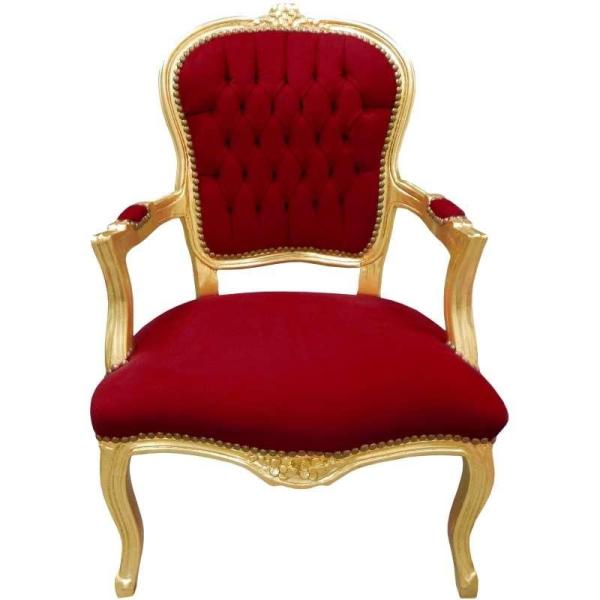Barock Louis XV Stil - Sessel - Gold/Rot - Klassische Möbel - Möbel für alle Räume - Roter burgunderfarbener Samtstoff - MACE