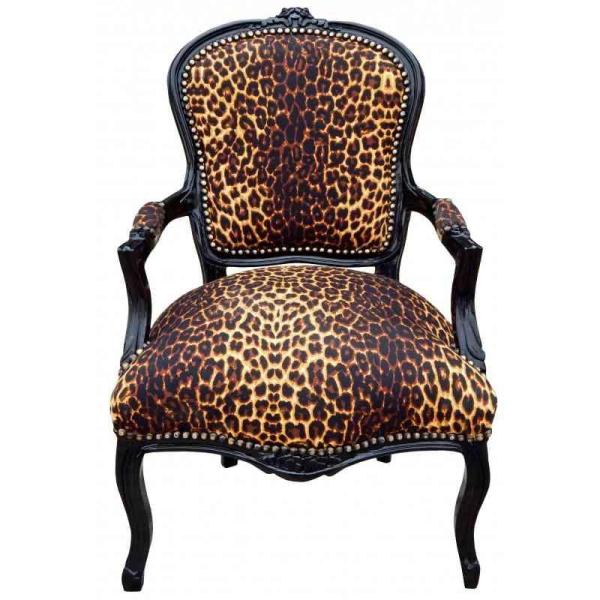 Barocker Louis XV-Stil - Sessel - Schwarz glänzend / Leopard - Klassische Möbel - Möbel für alle Räume - Leopard bedruckter Stoff - MACE