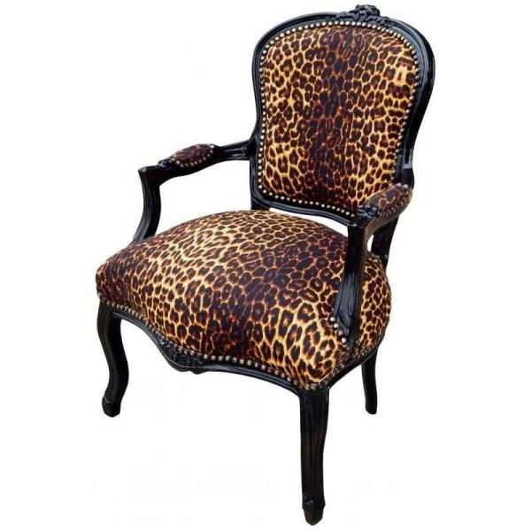 Barocker Louis XV-Stil - Sessel - Schwarz glänzend / Leopard - Klassische Möbel - Möbel für alle Räume - Leopard bedruckter Stoff - MACE
