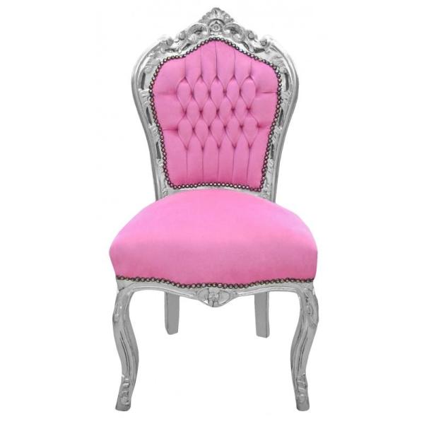 Barock-Rokoko-Stil - Stuhl - Silber/Pink - Klassische Möbel - Esszimmerstuhl - Esszimmermöbel - Rosa Samtstoff - MACE