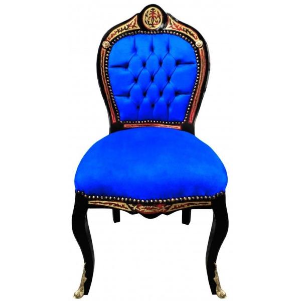 Baroque Napoleon III style - Dining chair - Marquetry - Black/Blue/Brass - Classic furniture - Dinning room furniture - Blue velvet fabric - MACE