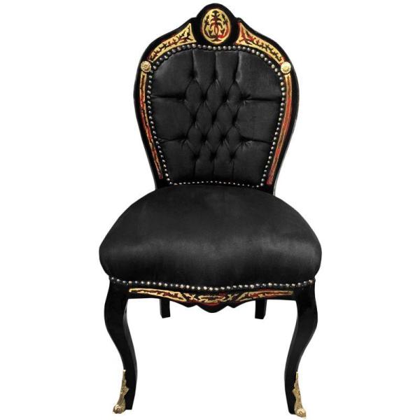 Barock-Stil Napoleon III - Esszimmerstuhl - Intarsien - Schwarz/Schwarz/Messing - Klassische Möbel - Esszimmermöbel - Schwarzer Samtstoff - MACE