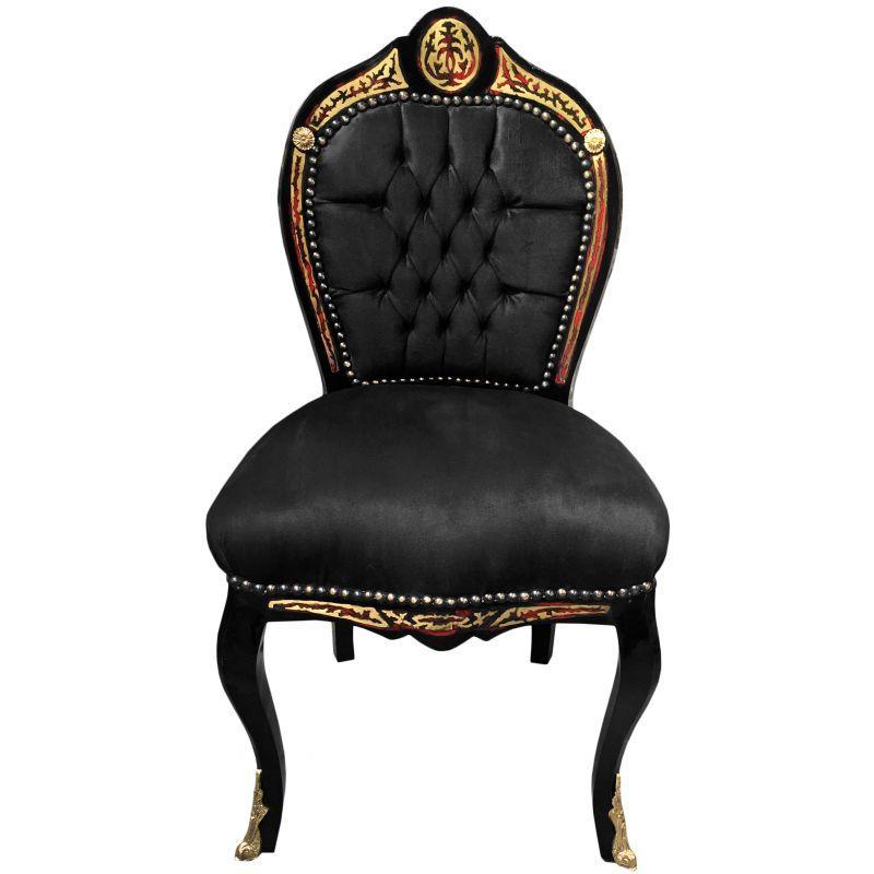 Baroque Napoleon III style - Dining chair - Marquetry - Black/Black/Brass - Classic furniture - Dinning room furniture - Black velvet fabric - MACE