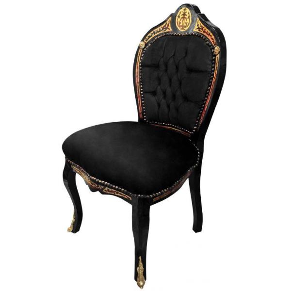 Baroque Napoleon III style - Dining chair - Marquetry - Black/Black/Brass - Classic furniture - Dinning room furniture - Black velvet fabric - MACE