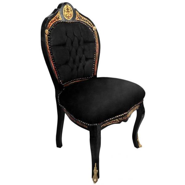 Baroque Napoleon III style - Dining chair - Marquetry - Black/Black/Brass - Classic furniture - Dinning room furniture - Black velvet fabric - MACE