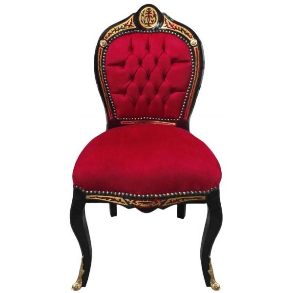 Barocker Stil Napoleon III - Esszimmerstuhl - Intarsien - Schwarz/Burgund/Messing - Klassische Möbel - Esszimmermöbel - Burgunder Samtstoff - MACE