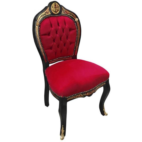 Barocker Stil Napoleon III - Esszimmerstuhl - Intarsien - Schwarz/Burgund/Messing - Klassische Möbel - Esszimmermöbel - Burgunder Samtstoff - MACE