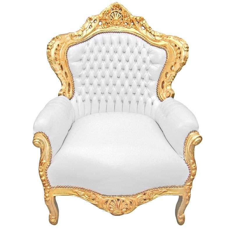Baroque style armchair - Gold/White - Classic furniture - Living room furniture - White faux leather - All rooms furniture - 80 cm width - MACE