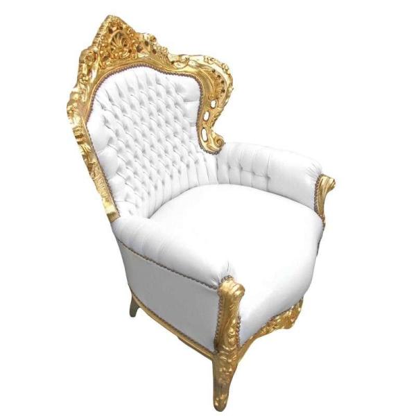 Baroque style armchair - Gold/White - Classic furniture - Living room furniture - White faux leather - All rooms furniture - 80 cm width - MACE