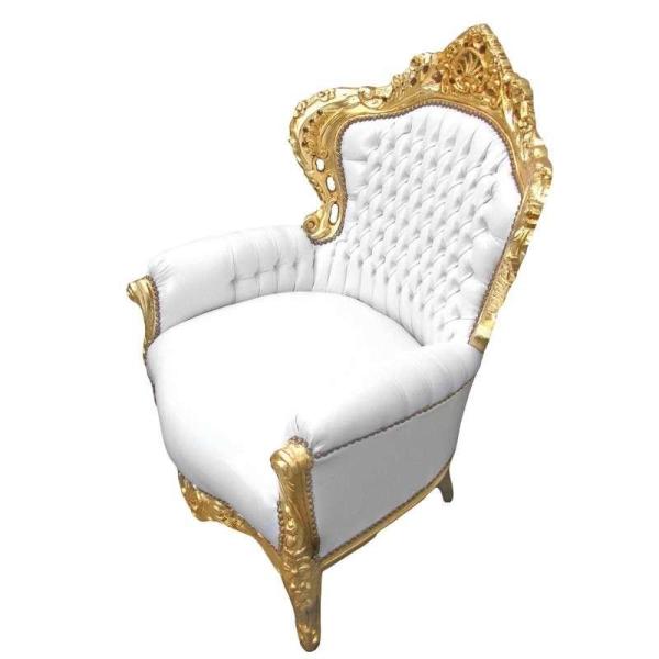 Baroque style armchair - Gold/White - Classic furniture - Living room furniture - White faux leather - All rooms furniture - 80 cm width - MACE