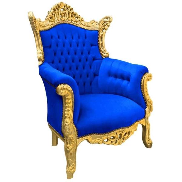 Barock-Rokoko-Stil - Sessel - Gold/Blau - Klassische Möbel - Wohnzimmermöbel - Blauer Samtstoff - Möbel für alle Räume - Breite 90 cm - MACE