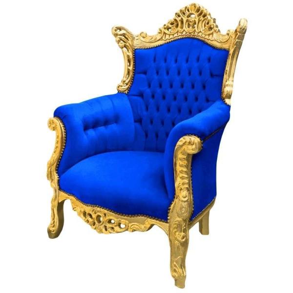 Barock-Rokoko-Stil - Sessel - Gold/Blau - Klassische Möbel - Wohnzimmermöbel - Blauer Samtstoff - Möbel für alle Räume - Breite 90 cm - MACE