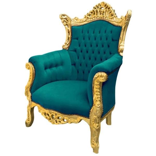 Baroque rococo style - Armchair - Gold/Green - Classic furniture - Living room furniture - Green velvet fabric - All rooms furniture - 90 cm width - MACE