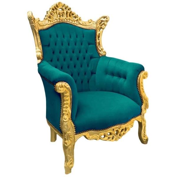 Baroque rococo style - Armchair - Gold/Green - Classic furniture - Living room furniture - Green velvet fabric - All rooms furniture - 90 cm width - MACE