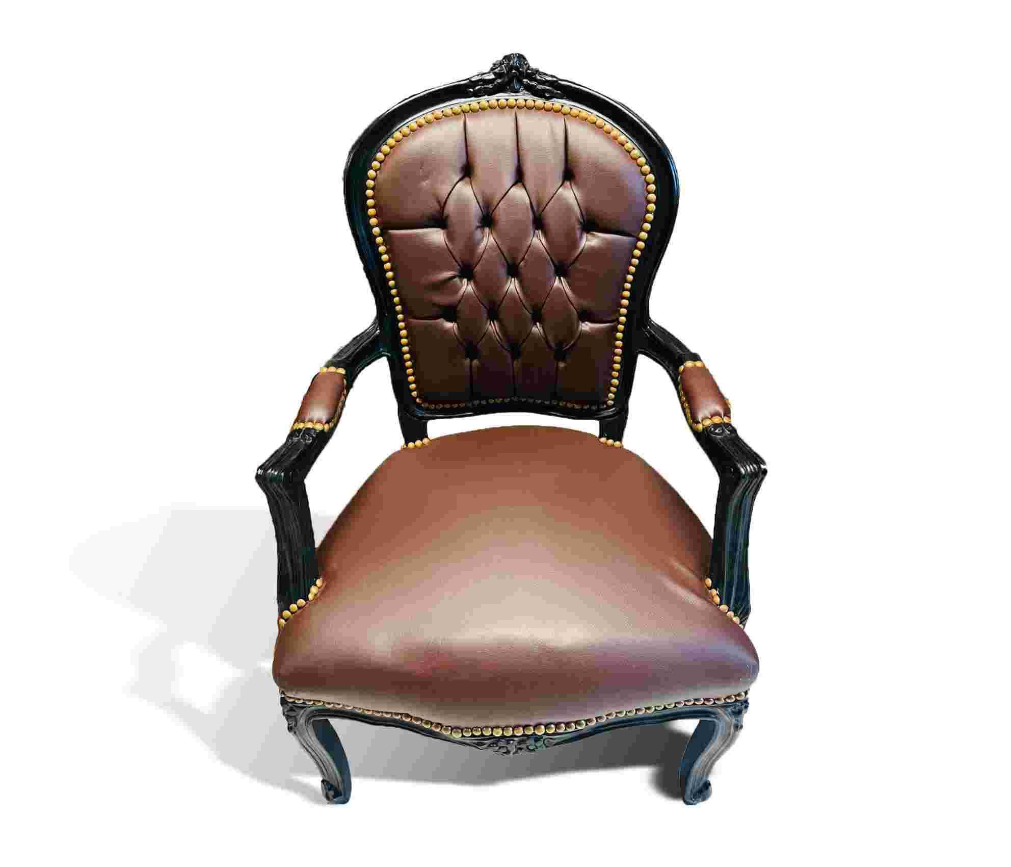 Barock Sessel - Louis XV Stil - Schwarzes Gestell - Braunes Kunstleder - Esszimmer Sessel - Wohnzimmer Möbel - Klassische Möbel - MACE