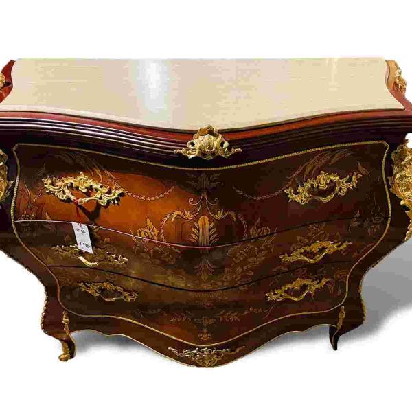 Baroque commode style - Brown color - Solid wood - Marquetry - Brass - Top Beige marble - Three big drawers - classic furniture - MACE