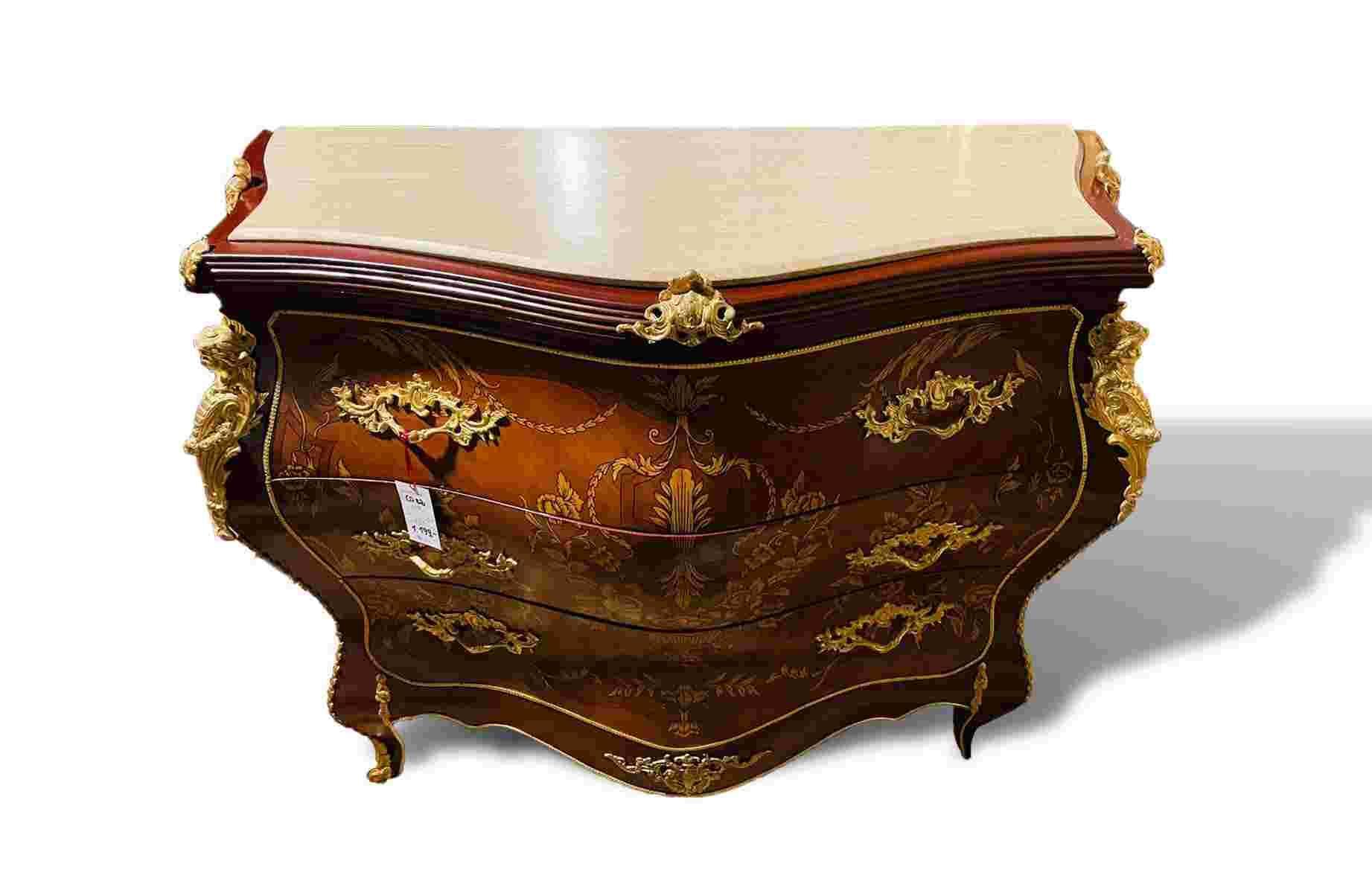 Baroque commode style - Brown color - Solid wood - Marquetry - Brass - Top Beige marble - Three big drawers - classic furniture - MACE