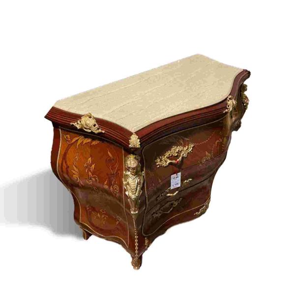 Baroque commode style - Brown color - Solid wood - Marquetry - Brass - Top Beige marble - Three big drawers - classic furniture - MACE