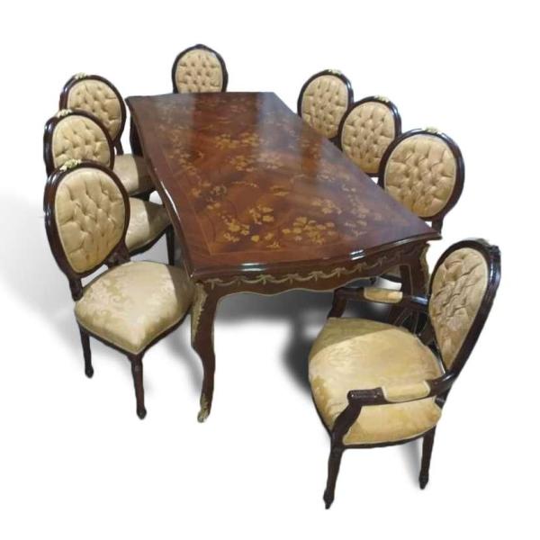 Baroque dining table - Louis XV - Brown/Brass- Marquetry - Classical furniture - Dining room furniture - 8 persons - 220cm - MACE