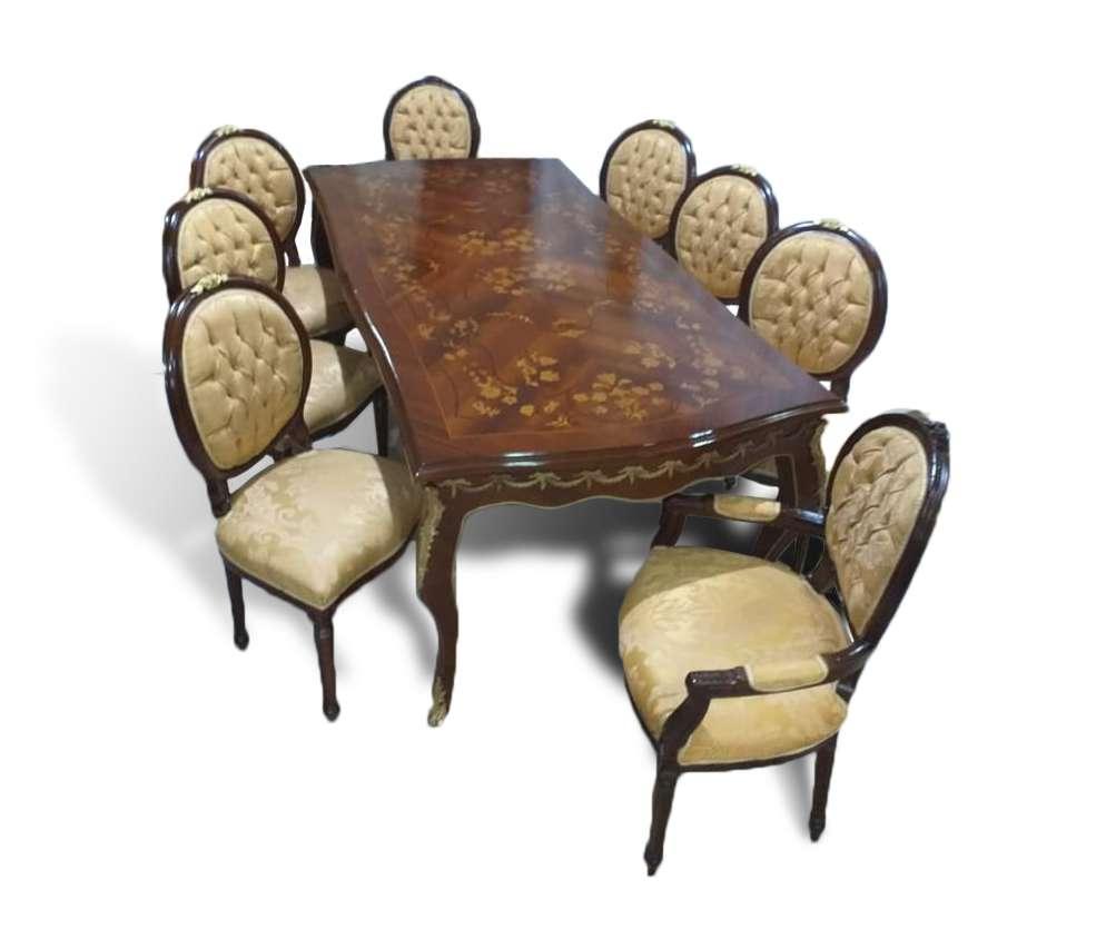 Baroque dining table - Louis XV - Brown/Brass- Marquetry - Classical furniture - Dining room furniture - 8 persons - 220cm - MACE