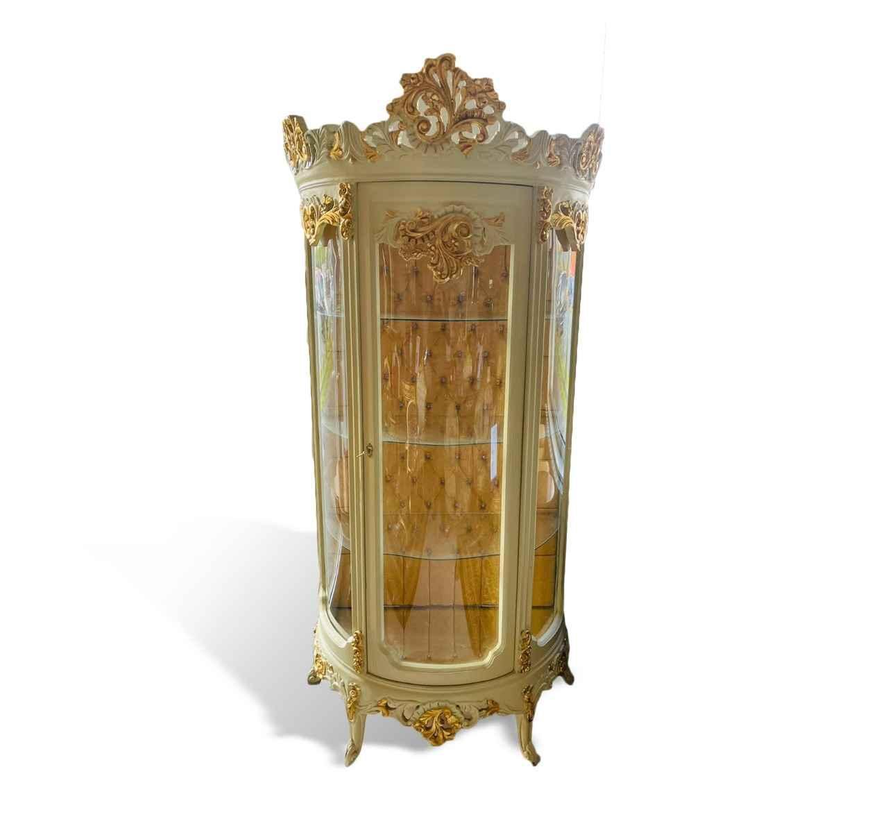 Baroque Display Case - Beige/Gold - Internal Gold Fabric - Three Shelves - Living Room Furniture - Classic Furniture - MACE