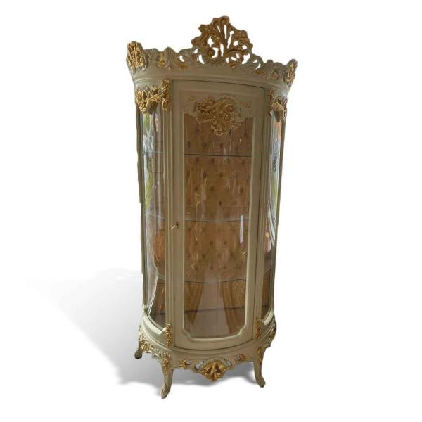 Baroque Display Case - Beige/Gold - Internal Gold Fabric - Three Shelves - Living Room Furniture - Classic Furniture - MACE