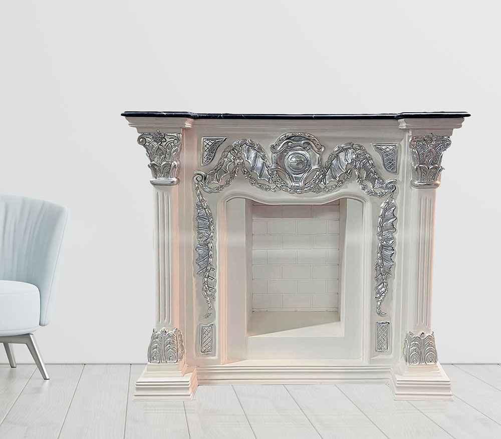 Empire Wooden fireplace style - White/ Champagne colour - Black marble top -125 cm width - MACE