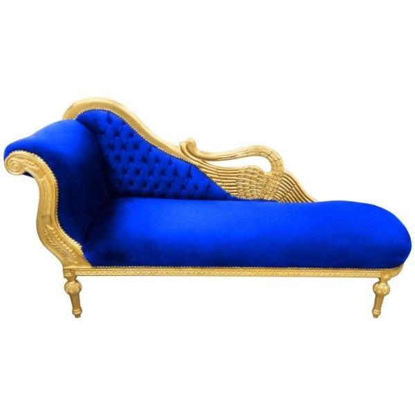 Barocke große Chaiselongue mit Schwan - Blauer Samtstoff - Goldfarbener Holzrahmen - Handgefertigt - MACE