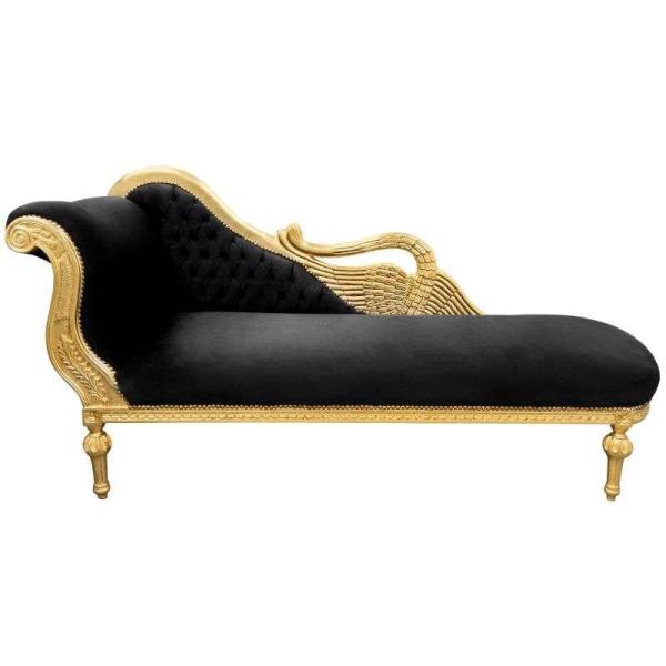 Barocke große Schwan-Chaiselounge - Schwarzer Samtstoff - Goldener Holzrahmen - Handgefertigt - MAC