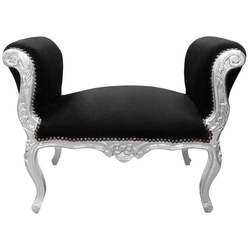 Barocke Bank im Stil Louis XV - Schwarzer Samtstoff - Silbernes Holz - MACE