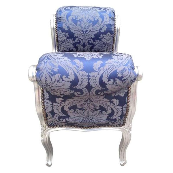 Barocke Bank im Louis XV Stil - Blaue Kobolde Satin Stoff - Silbernes Holz - MACE
