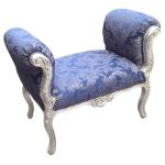 Barocke Bank im Louis XV Stil - Blaue Kobolde Satin Stoff - Silbernes Holz - MACE