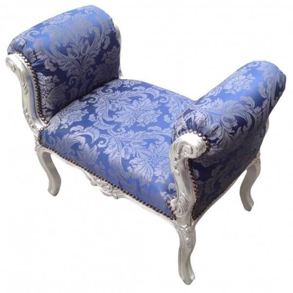 Barocke Bank im Louis XV Stil - Blaue Kobolde Satin Stoff - Silbernes Holz - MACE